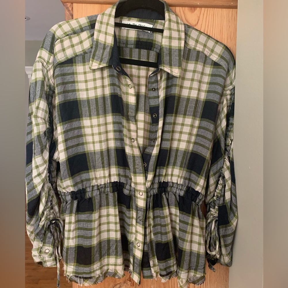 FREE PEOPLE We The Free Green and Cream Plaid Shirt